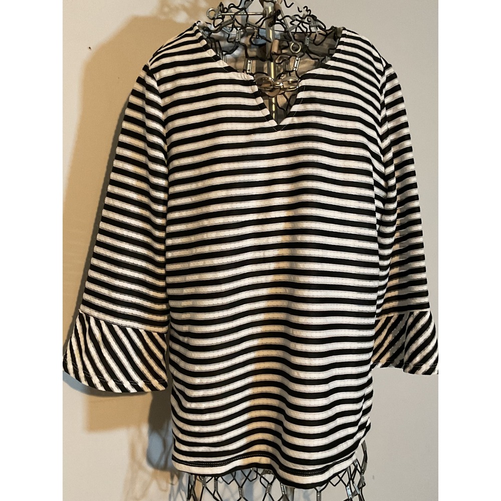 C.D. Petites Black‎ White Striped Bell Sleeve Top Silver Chain V-Neck PM